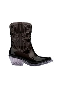 Black glossy cowboy boot with embossed detailing, pointed toe, and a transparent block heel. Features a reinforced heel tab for support.