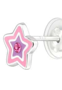 Orecchino a forma di stella argentata con accenti in smalto rosa e viola e un gemma rosa centrale. Presenta una chiusura a perno e una superficie liscia.