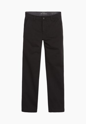 Black cotton trousers with a smooth texture, straight-leg design, zip fly, and two front pockets; minimalistic and versatile styling.