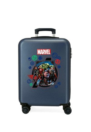 Maleta rígida de color azul marino con asa retráctil, con ilustración de los Vengadores de Marvel que incluye a Iron Man, Hulk, Capitán América, Thor y Viuda Negra.