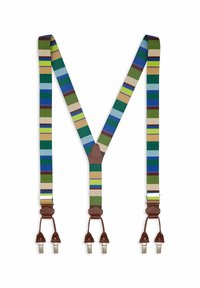 Bretelle colorate a righe realizzate in tessuto con dettagli in pelle marrone, caratterizzate da righe orizzontali verdi, blu, gialle e marroni.