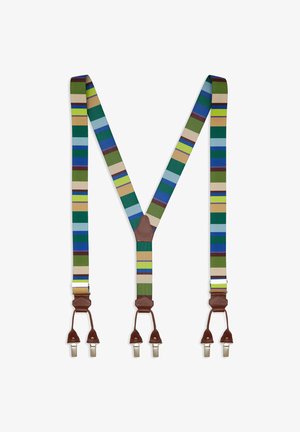 Colorful striped suspenders made of fabric with brown leather accents, featuring green, blue, yellow, and brown horizontal stripes.