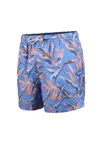 Short de bain bleu pour homme avec motif feuilles tropicales orange et violet, taille élastique et cordon blanc.