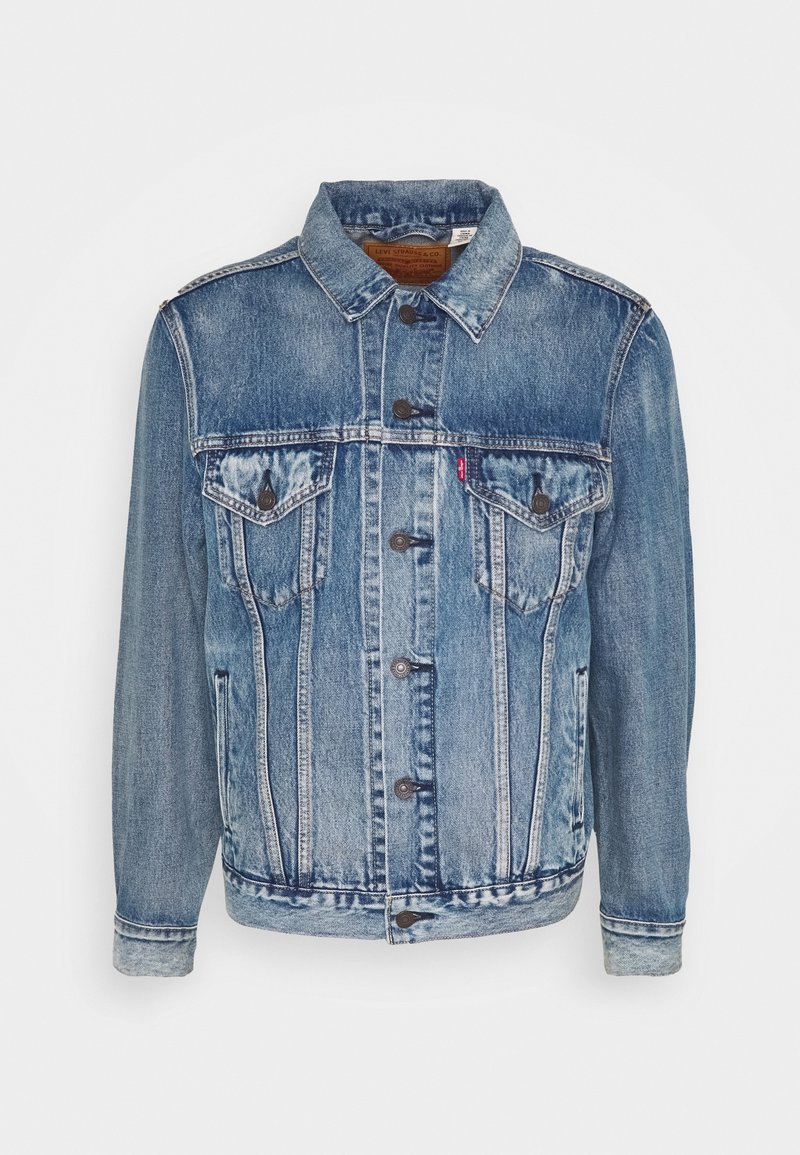 Veste en jean bleue à boutons sur le devant, deux poches poitrine à rabat et poches latérales, avec un col classique et un effet délavé.