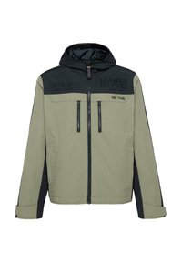 Light green jacket with a black hood and shoulders, featuring zippered pockets and textured branding across the chest.