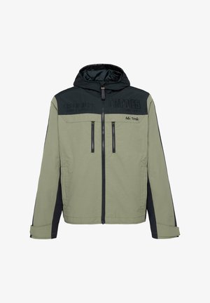 Light green jacket with a black hood and shoulders, featuring zippered pockets and textured branding across the chest.