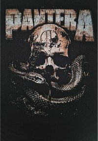 Svart T-skjorte med et grafisk design av et hål og en slange, med ordet "PANTERA" trykt i slitt oransje tekst over motivet.