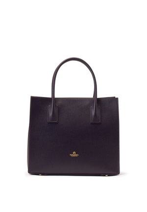 Sac à main en cuir structuré marron foncé avec deux poignées et petit logo doré centré près du bas sur le devant.
