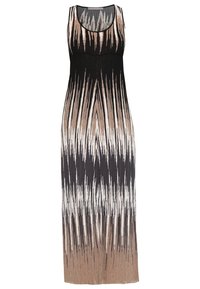 Robe longue noire, marron et blanche avec motif à rayures verticales. Coupe ajustée, sans manches, avec un col rond et longueur midi.