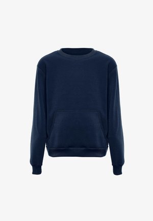 Námořnická modrá mikina vyrobená z měkké tkaniny. Obsahuje dlouhé rukávy, kulatý výstřih, přední klokaní kapsu a žebrované manžety a lem.