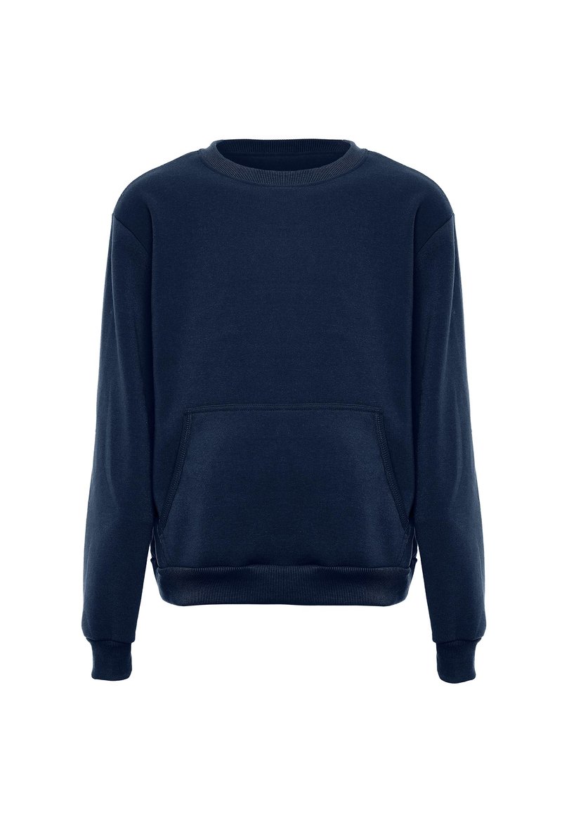 Námornícky modrá mikina vyrobená z mäkkého materiálu. Má dlhé rukávy, okrúhly výstrih, prednú vrecko typu kangaroo a rebrované manžety a lem.