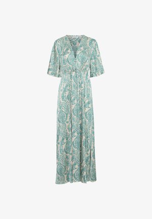 Lang, let stofkjole med et turkis paisley-mønster. Har en dyb V-hals, korte ærmer og en indsnørret detalje i taljen.