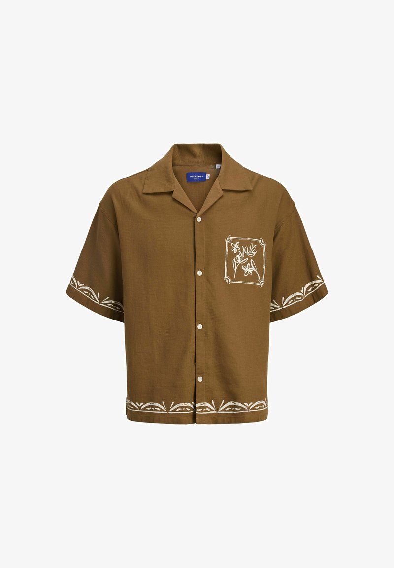 Brown short-sleeve shirt with a button-up front. Features white floral embroidery on the left chest pocket and bottom hem. Soft fabric texture.