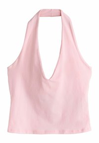 Top roz deschis cu bretele halter și un decolteu adânc în formă de V, realizat dintr-un material moale. Prezintă un design simplu, fără ornamente sau modele.