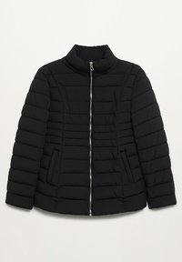 Veste matelassée noire avec coutures horizontales, fermeture éclair intégrale à l’avant, col montant et deux poches latérales zippées, posée à plat sur fond blanc.