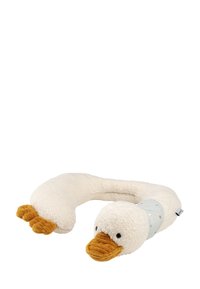 Neck pillow shaped like a duck, featuring a white fluffy exterior, orange beak and feet, with a light blue body and polka dot accents.