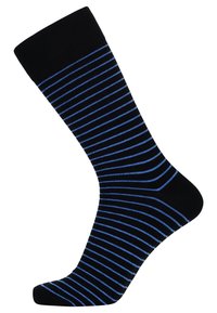 Sort bomuldsok med blå vandrette striber, der har en afrundet tå og ribbet afslutning. Materialet har en glat tekstur.