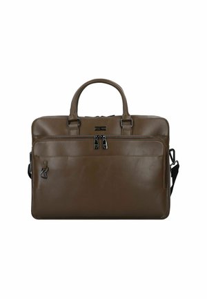 Braune Leder-Laptoptasche mit zwei oberen Griffen und einem abnehmbaren Schultergurt. Verfügt über zwei Reißverschlussfächer und eine elegante, glatte Textur.