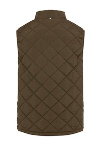 Veste sans manches matelassée marron avec des surpiqûres en forme de losange et une petite étiquette en tissu sur le col arrière supérieur.