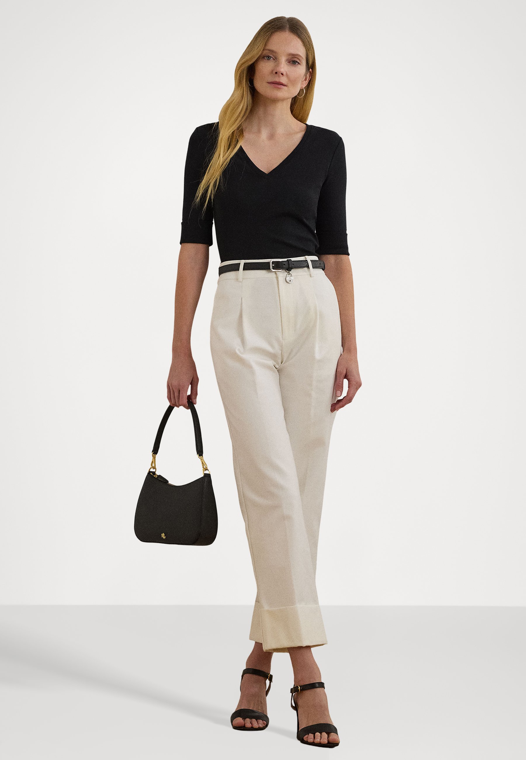 Lauren Ralph Lauren STRETCH COTTON ELBOW SLEEVE V NECK TEE