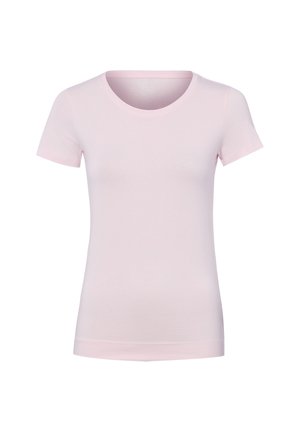 Hellrosa kurzärmliges, tailliertes T-Shirt mit Rundhalsausschnitt, auf weißem Hintergrund dargestellt.