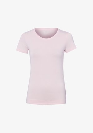 Jasnoróżowy, dopasowany T-shirt z krótkim rękawem i okrągłym dekoltem, prezentowany na białym tle.