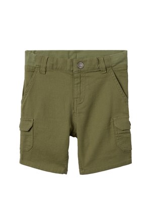 Olijfgroene cargoshorts met elastische tailleband, voor- en zijzakken en een metalen knoopsluiting. Gemaakt van een katoenmengsel.