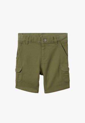 Olijfgroene cargoshorts met elastische tailleband, voor- en zijzakken en een metalen knoopsluiting. Gemaakt van een katoenmengsel.