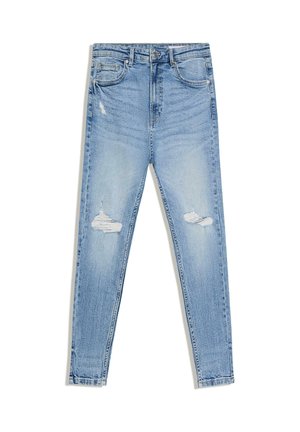 Jeans skinny azzurri chiaro con toppe consumate su entrambe le ginocchia, tasche frontali e chiusura con bottone.