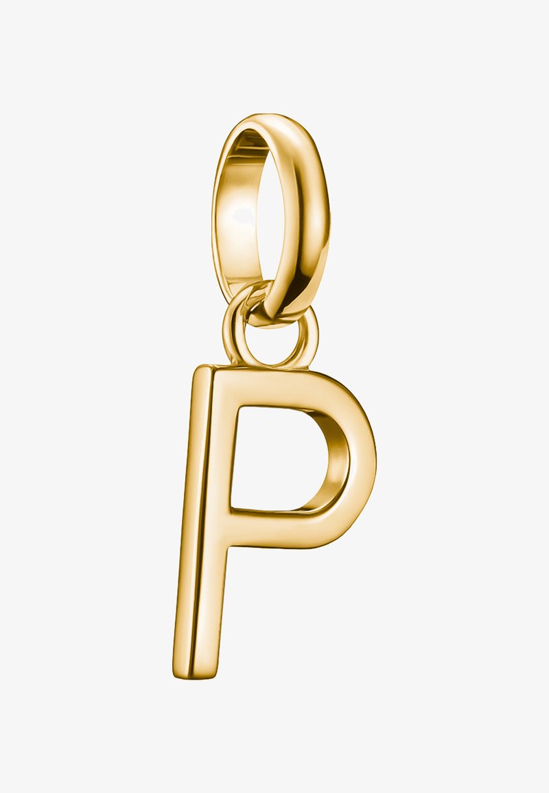 Goldene Anhänger in Form des Buchstabens "P" mit einer großen ovalen Öse zum Befestigen an einer Kette oder einem Armband.