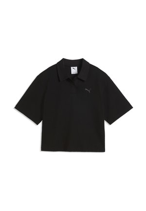 Czarna krótka koszulka polo z kołnierzykiem i delikatnym logo Puma na piersi, przedstawiona na białym tle.