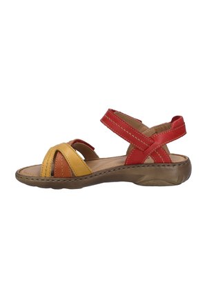 Leather sandal with red, yellow, and orange straps. Open-toe design, padded footbed, and low rubber sole for comfort and stability.