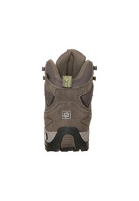 Bruna mockaläder vandringskänga med hög ankel-design, texturerad tygfoder och svart gummisula med snörningshårdvara och logodetalj.