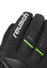 Gants de sport noirs avec des accents verts, présentant du cuir texturé et un tissu synthétique, un design rainuré et un logo "reusch" brodé en blanc.