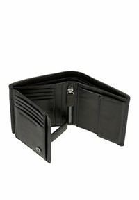 Black leather wallet with multiple card slots, a zippered compartment, and a foldable design. Smooth texture with stitched edges.