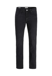 Jeans in denim nero con taglio dritto, dotati di un classico design a cinque tasche e chiusura con bottone in metallo in vita.