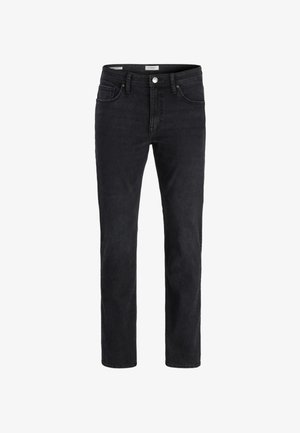 Czarne dżinsy na prostych nogawkach, z klasycznym pięciopocketowym wzorem i metalowym zapięciem na guzik w pasie.