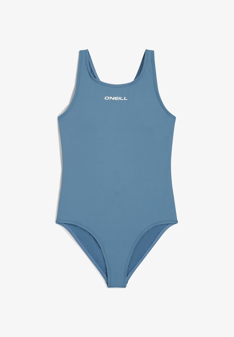 Maillot de bain une pièce bleu en tissu lisse et extensible, avec une taille haute, un décolleté en forme de rond et le logo O'Neill sur la poitrine.
