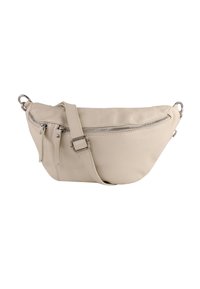 Lichtbeige leren crossbodytas met een gebogen vorm, twee met rits afsluitbare vakken en een verstelbare riem. Getextureerd oppervlak met metalen accenten.