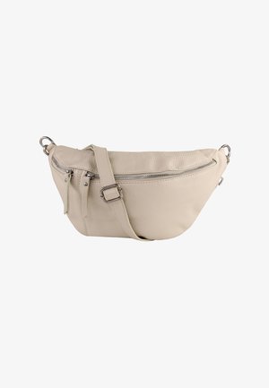 Lichtbeige leren crossbodytas met een gebogen vorm, twee met rits afsluitbare vakken en een verstelbare riem. Getextureerd oppervlak met metalen accenten.