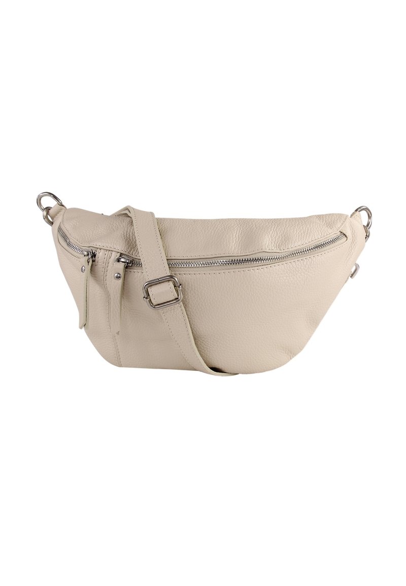 Lichtbeige leren crossbodytas met een gebogen vorm, twee met rits afsluitbare vakken en een verstelbare riem. Getextureerd oppervlak met metalen accenten.