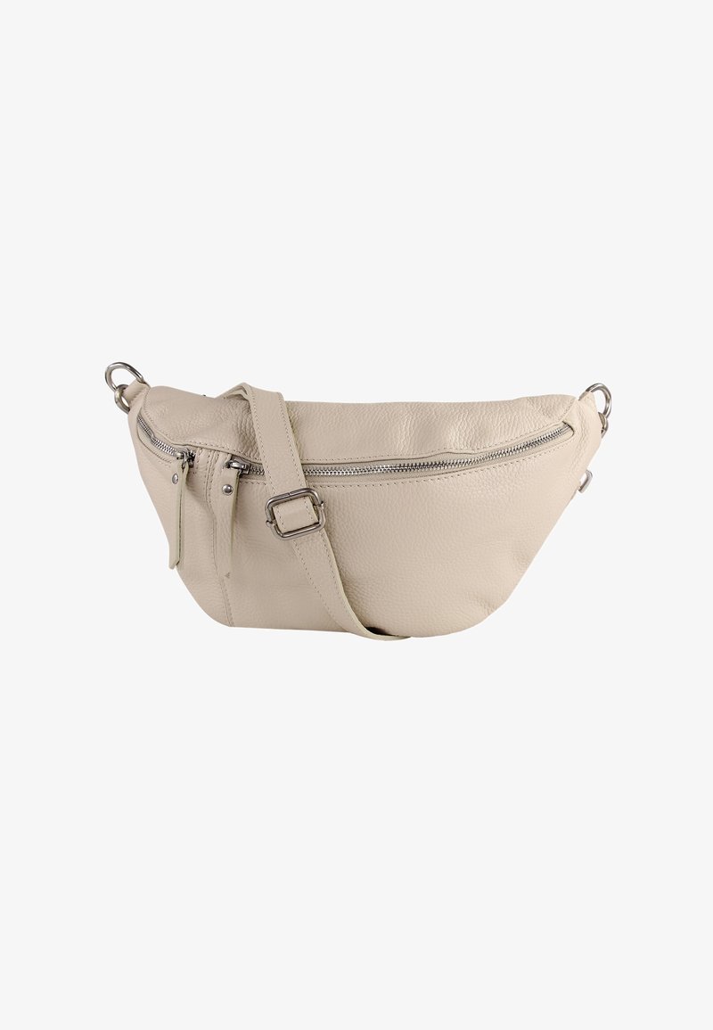 Lichtbeige leren crossbodytas met een gebogen vorm, twee met rits afsluitbare vakken en een verstelbare riem. Getextureerd oppervlak met metalen accenten.