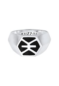 Bague en argent avec un incrustation en émail noir hexagonal et des accents géométriques en argent. Surface lisse avec une finition polie.