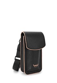 Black textured leather bag with a flap closure, pink accents, a strap, and a visible logo on the front. Compact and rectangular design.