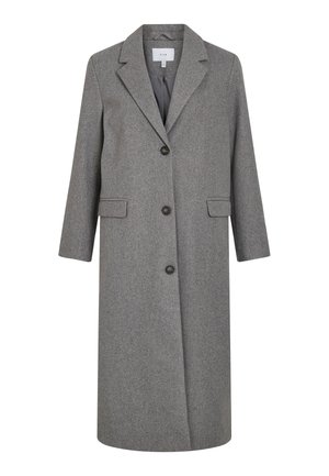 Siv krznen plašč iz mešanice volne s prilagojenim dizajnom, z odrezanimi reverji, tremi sprednjimi gumbi, dvema stranskima žepoma in dolgimi rokavi.