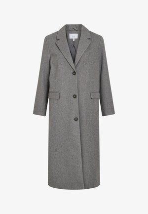 Siv krznen plašč iz mešanice volne s prilagojenim dizajnom, z odrezanimi reverji, tremi sprednjimi gumbi, dvema stranskima žepoma in dolgimi rokavi.