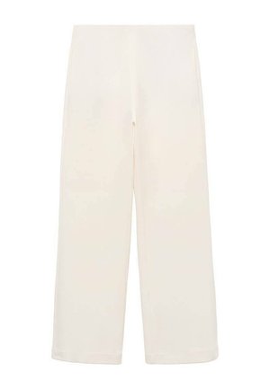 Wide-leg trousers in cream fabric. Smooth texture with an elastic waistband. No visible seams or hardware. Simple, minimalist design.