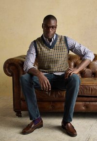 Textuuriga pruun ja tumesinine houndstooth vest triibulise särke, koos teksaste ja pruunide lohakatega. Istub nahksoffas.