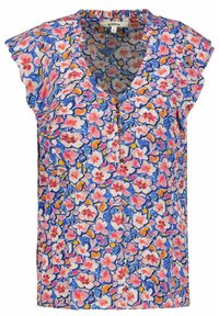 Blouse à manches courtes à imprimé floral avec un col en V, des manches volantées, des couleurs vives rose, bleu et orange, en tissu léger.