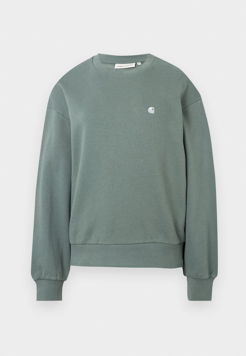 Green crewneck sweatshirt with long sleeves, ribbed cuffs and hem, featuring a small white logo on the left chest.